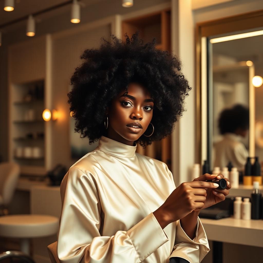 Afro-hair client in a serene luxury salon